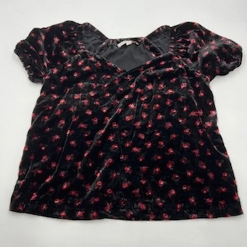 LOFT Womens Black Red Floral Velvet Sweetheart Puff Sleeve Blouse Top Small‎
